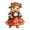 Cute watercolor victorian bear with red dress illustration, teddy bears clipart