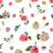 Cute Watercolor Vintage Floral Seamless Pattern with Pink Roses, Hydrangea, Snail and Wild Flowers, Botanical Texture