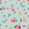 Cute Watercolor Vintage Floral Seamless Pattern with Pink Roses, Hydrangea, Snail and Wild Flowers, Botanical Texture