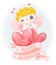 Cute watercolour happy cheerful smile Valentine love cupid boy blonde curly hair on Happy Valentine`s day ribbon banner cartoon
