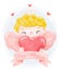 Cute watercolour happy smile Valentine cupid boy blonde curly hair hug big red heart Happy Valentine`s day cartoon character hand