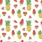 Cute watercolour summer pattern with fresh pineapple fruits, sunglasses, watermelon posicles on white background