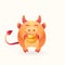 Cute wealth bull, cheerful ox hold gold ingot on isolated background. Lunar symbol of year greeting and blessing. Mascot