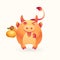 Cute wealth bull, cheerful ox hold longevity orange on isolated background. Lunar symbol of year blessing. Mascot for