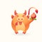 Cute wealth bull, cheerful ox hold prosperity peach on isolated background. Lunar symbol of year blessing. Mascot for