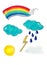 Cute weather. Cartoon weathers illustration items for kids, sunny clouds and happy sun face, moon and tornado isolated on white,