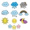 Cute weather and sky elements. Kawaii moon, sun, rain clouds vector illustration for kids, isolated design children