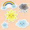 Cute weather and sky elements. Kawaii sun, rainbow, clouds. vector stickers for kids, isolated design elements. Children labels