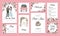 Cute wedding cards. Romantic party invitations, happy newlyweds holiday, couple in love, event banners with bride and
