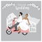 Cute wedding couple Illustration. Bride and Groom isolated sitting on a vespa. Elegant dresses cartoon illustration