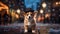 A cute Welsh Corgi Pembroke puppy dog wearing a hat on blurred a snowy street background. Generative AI.