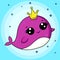 Cute whale narwhal with crown.