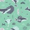 Cute whale, shark, stingray seahorse, crab, fish, dolphin animals and corals, algae seamless pattern. Collage, Cut paper effect on