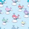 Cute whales swimming through the rainbow and cloud. Seamless pattern.