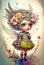 Cute whimsical fairy girl among flowers. Fantasy watercolor painting, nursery art