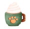 Cute whipped cream beverage in green mug with cat paw cafe