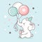 Cute white baby elephant holds a trunk of balloons. Baby shower invitation card