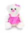 Cute white bear doll with pink skirt and ribbon isolated on white background with shadow reflection. Playful pinky bear.