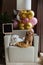 Cute white Bichon Frise and Teacup Poodle dogs celebrating birthday at home. Domestic Pet party with hot air balloons