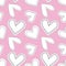 Cute white and black line art doodle hearts as seamless vector pattern on textured bubbly pink background.