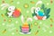 Cute white bunnies on green background with floral elements, eggs, birds and carrots, Vector illustration for your design