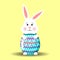 Cute white bunny hugging Easter egg on yellow background