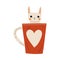 Cute White Bunny in Red Teacup with Heart, Adorable Little Cartoon Animal Character Sitting in Coffee Mug Vector