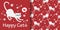 Cute white cat with heart, fish bones, tiny dots and footprints seamless pattern on red background.