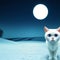 Cute white cat with large blue eyes in a field with snow and full moon