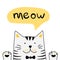 Cute white cat with lettering word Meow. Vector Illustration