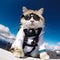 Cute white cat with pink nose wearing goggles. Pet ready to ski in the mountains. Low angle view. Generative AI