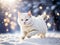 Cute white cat running in snow back yard, generative ai
