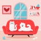 Cute white cat and spitz dog on the sofa. Fluffy pets in the living room. Acceptance, love for domestic animals, pet friendship,