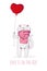 Cute white cat wearning pink scarf and hold red heart shaped balloon. Love is in the air. St Valentine`s Day concept. Vector