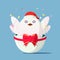 A cute white chick breaks free of the shell with a Santa hat. Chick sitting in a cracked egg and red ribbon. Christmas concept
