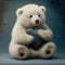 cute white cuddly bear with a blue heart pillow, ai generative