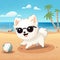 Cute white dog plays ball on a beach, cartoon chibi style, generative AI