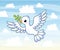 Cute white dove with a twig in its beak flies across the sky among the clouds. Vector illustration with a bird
