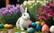 A cute white easter bunny among painted multicolor eggs and flowers in a big garden, copy space generative AI