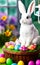 Cute white Easter Bunny sitting on a basket with painted eggs in various models