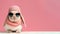 A cute white easter bunny wearing a beanie, scarf and sunglass, pink background with copy space, generative ai