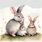 Cute white fluffy bunnies family in a forest. Storybook. Nursery. AI generated