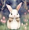 Cute white fluffy bunny in a forest. Storybook. Nursery. AI generated