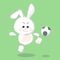 Cute white fluffy bunny is playing soccer with passion