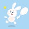 Cute white fluffy bunny playing tennis with enthusiasm