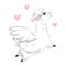 Cute white fluffy llama flying with pegasus wings surrounded by pink hearts. Hand drawn animal for greeting card wall