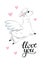 Cute white fluffy llama flying with pegasus wings surrounded by pink hearts and phrase love you. Hand drawn animal for