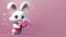 A cute white fluffy rabbit with long ears holds a bouquet of pink flowers