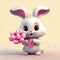 A cute white fluffy rabbit with long ears holds a bouquet of pink flowers