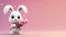A cute white fluffy rabbit with long ears holds a bouquet of pink flowers
